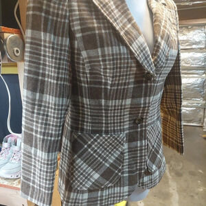 Vintage Pendleton Wool Brown Plaid Blazer Jacket Small Preppy 12